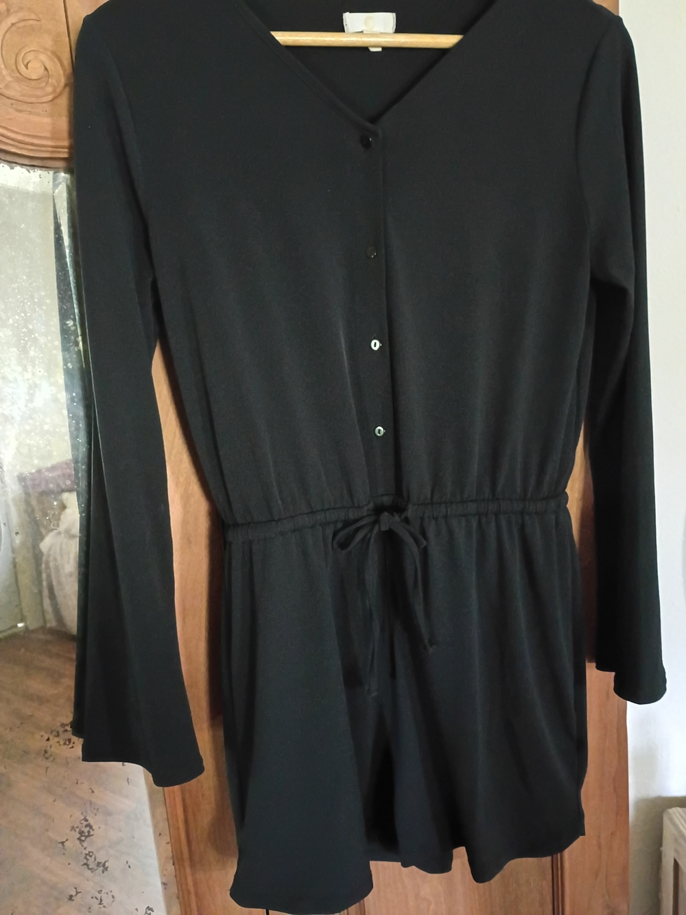 Charming Charlie Black Bell Sleeve Button-Down Romper
